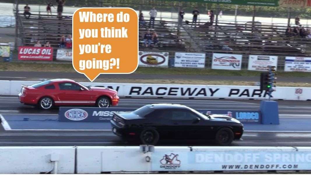 Mustang vs Challenger Helcat drag race