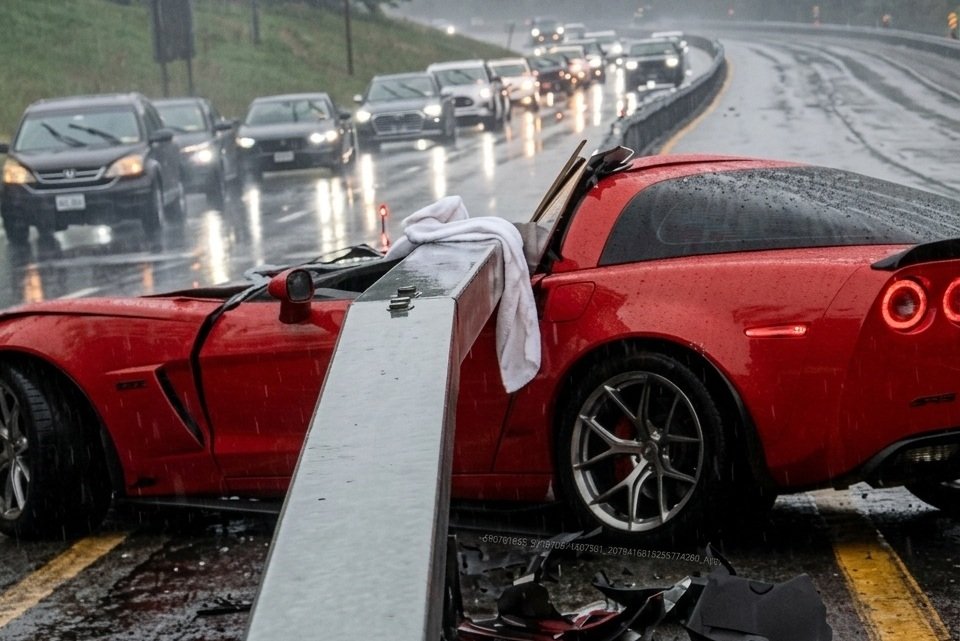 Driver climbs out of mangled Corvette Z06 after a horrific crash in the ...