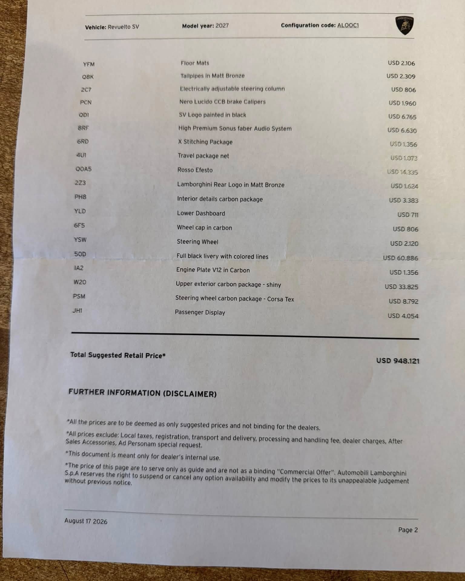 Lamborghini Revuelto SV price in America-order sheet (2)